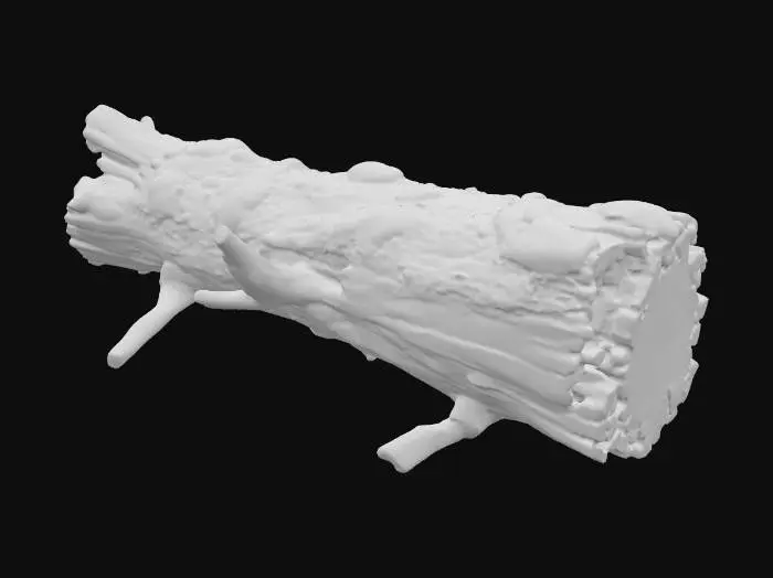 3D model for A realistic 3D model of a large fallen tree log in winter. The trunk should be long, rough, and weathered, with broken branches and jagged ends. Snow covers the top of the log in uneven layers, forming natural drifts while leaving some bark exposed. The bark should be dark, textured, and partially stripped in areas, showing lighter wood beneath. Small twigs and broken stubs should protrude from the log for added realism. Snow should look soft and piled naturally, with subtle depth where it meets the bark. Use PBR textures: rough bark, matte snow with light reflection. Optimized for Unreal Engine 5. Standalone asset, no background.