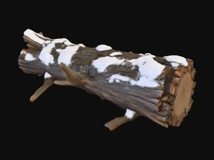 3D model for A realistic 3D model of a large fallen tree log in winter. The trunk should be long, rough, and weathered, with broken branches and jagged ends. Snow covers the top of the log in uneven layers, forming natural drifts while leaving some bark exposed. The bark should be dark, textured, and partially stripped in areas, showing lighter wood beneath. Small twigs and broken stubs should protrude from the log for added realism. Snow should look soft and piled naturally, with subtle depth where it meets the bark. Use PBR textures: rough bark, matte snow with light reflection. Optimized for Unreal Engine 5. Standalone asset, no background.