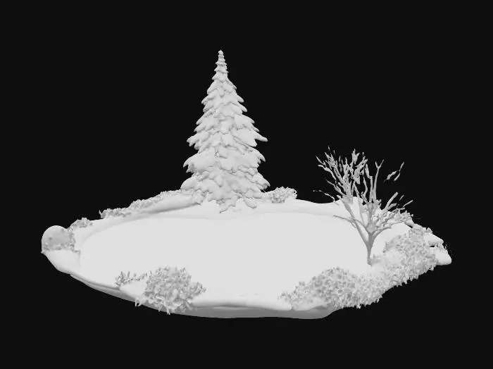 3D model for A realistic 3D model of a small frozen pond in winter. The surface should be covered with ice, slightly uneven with subtle cracks, frosty patches, and snow dusting along the edges. Surround the pond with a thin bank of snow-covered ground, reeds, and small clumps of vegetation poking through the ice. Trees or shrubs nearby should be bare or lightly frosted, with branches dusted in snow. The ice should have a semi-transparent, slightly reflective look with natural variations in color from pale gray-blue to white. Use PBR textures: rough frosted ice, matte snow, and realistic bark for any surrounding detail. Optimized for Unreal Engine 5. Standalone asset, no background.