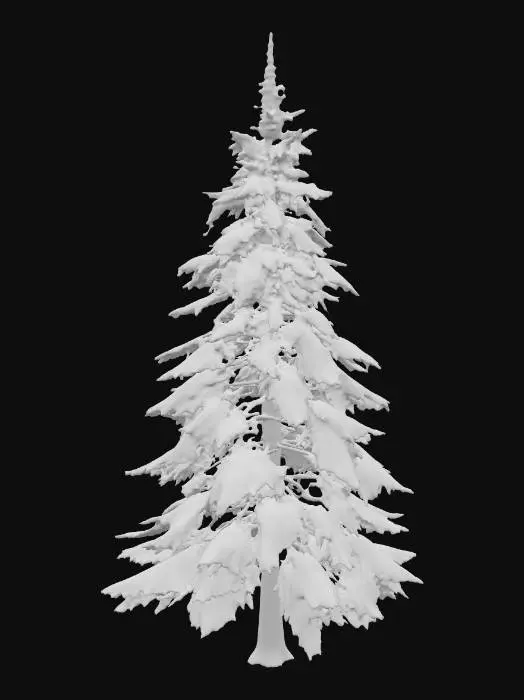 3D model for A highly realistic 3D model of a tall winter pine tree. The tree should have a natural triangular silhouette with full, tiered branches. Each branch is covered in a thick, soft layer of snow, giving the tree a heavy winter look. The trunk is straight, medium-brown, and textured with bark detail. The branches extend symmetrically around the trunk, gradually narrowing toward the top into a pointed tip. The snow should look natural, slightly uneven across branches, and create a fluffy, cold winter effect. The model should be optimized for use in a video game engine (Unreal Engine 5), with clean geometry and realistic textures (bark detail, snow shading).
