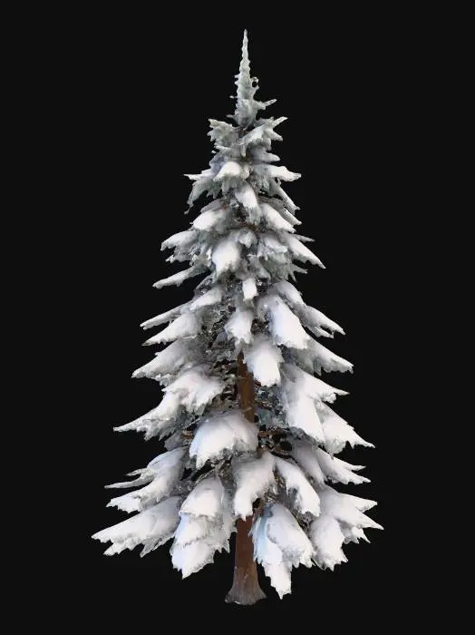 3D model for A highly realistic 3D model of a tall winter pine tree. The tree should have a natural triangular silhouette with full, tiered branches. Each branch is covered in a thick, soft layer of snow, giving the tree a heavy winter look. The trunk is straight, medium-brown, and textured with bark detail. The branches extend symmetrically around the trunk, gradually narrowing toward the top into a pointed tip. The snow should look natural, slightly uneven across branches, and create a fluffy, cold winter effect. The model should be optimized for use in a video game engine (Unreal Engine 5), with clean geometry and realistic textures (bark detail, snow shading).