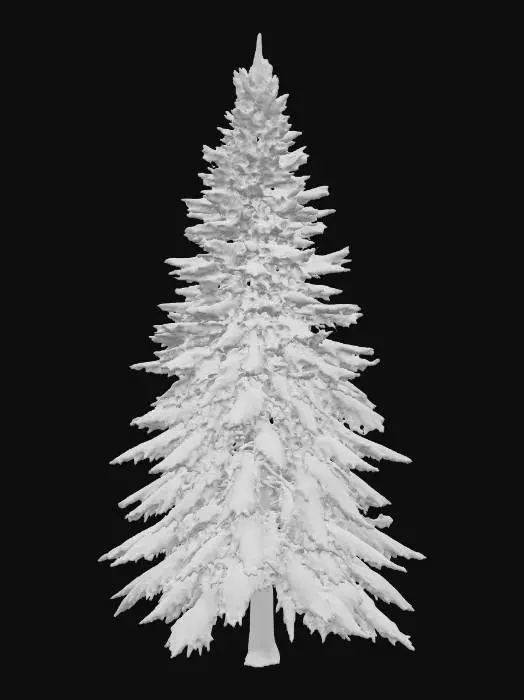 3D model for A highly realistic 3D model of a tall winter pine tree. The tree should have a natural triangular silhouette with full, tiered branches. Each branch is covered in a thick, soft layer of snow, giving the tree a heavy winter look. The trunk is straight, medium-brown, and textured with bark detail. The branches extend symmetrically around the trunk, gradually narrowing toward the top into a pointed tip. The snow should look natural, slightly uneven across branches, and create a fluffy, cold winter effect. The model should be optimized for use in a video game engine (Unreal Engine 5), with clean geometry and realistic textures (bark detail, snow shading).