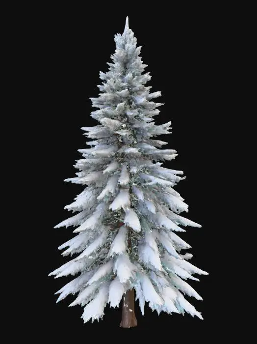 3D model for A highly realistic 3D model of a tall winter pine tree. The tree should have a natural triangular silhouette with full, tiered branches. Each branch is covered in a thick, soft layer of snow, giving the tree a heavy winter look. The trunk is straight, medium-brown, and textured with bark detail. The branches extend symmetrically around the trunk, gradually narrowing toward the top into a pointed tip. The snow should look natural, slightly uneven across branches, and create a fluffy, cold winter effect. The model should be optimized for use in a video game engine (Unreal Engine 5), with clean geometry and realistic textures (bark detail, snow shading).