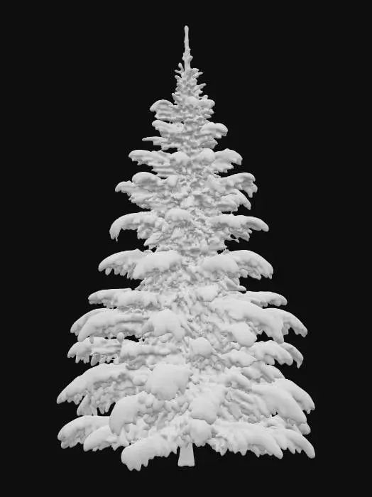 3D model for A highly realistic 3D model of a tall balsam fir tree in winter. The tree should have a dense, triangular silhouette with layered, sweeping branches. Each branch is heavily covered in thick snow, creating a natural, fluffy look that drapes over the needles. The dark green foliage of the fir should be visible beneath the snow in some areas, adding contrast and realism. The trunk is mostly hidden by the dense branches, but the bark should still have subtle texture detail. The overall shape should taper to a pointed tip at the top, giving the tree a classic balsam fir form. The model should be optimized for Unreal Engine 5, with clean geometry and realistic PBR textures (snow shaders with soft reflections and conifer needle detail). Only the tree should be included—no background or ground.
