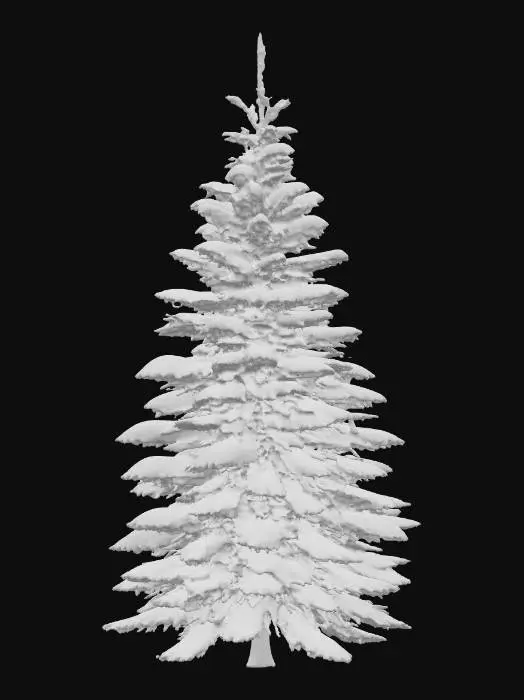 3D model for A highly realistic 3D model of a tall balsam fir tree in winter. The tree should have a dense, triangular silhouette with layered, sweeping branches. Each branch is heavily covered in thick snow, creating a natural, fluffy look that drapes over the needles. The dark green foliage of the fir should be visible beneath the snow in some areas, adding contrast and realism. The trunk is mostly hidden by the dense branches, but the bark should still have subtle texture detail. The overall shape should taper to a pointed tip at the top, giving the tree a classic balsam fir form. The model should be optimized for Unreal Engine 5, with clean geometry and realistic PBR textures (snow shaders with soft reflections and conifer needle detail). Only the tree should be included—no background or ground.

