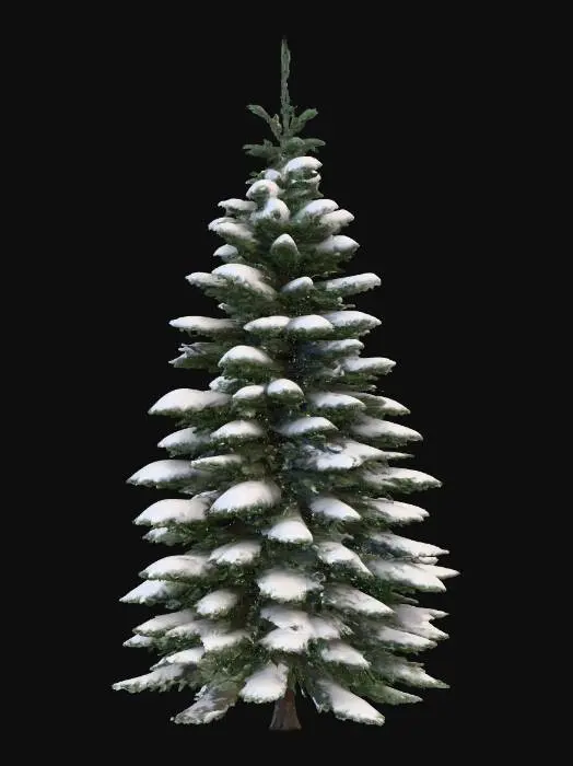 3D model for A highly realistic 3D model of a tall balsam fir tree in winter. The tree should have a dense, triangular silhouette with layered, sweeping branches. Each branch is heavily covered in thick snow, creating a natural, fluffy look that drapes over the needles. The dark green foliage of the fir should be visible beneath the snow in some areas, adding contrast and realism. The trunk is mostly hidden by the dense branches, but the bark should still have subtle texture detail. The overall shape should taper to a pointed tip at the top, giving the tree a classic balsam fir form. The model should be optimized for Unreal Engine 5, with clean geometry and realistic PBR textures (snow shaders with soft reflections and conifer needle detail). Only the tree should be included—no background or ground.
