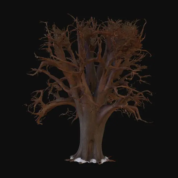 3D model for A realistic 3D model of a large red oak tree in winter. The tree should have a thick, sturdy trunk with deeply textured bark and strong, spreading branches that form a broad, rounded canopy. The branches are mostly bare but should include a scattering of dry, a few brown oak leaves still clinging to the tips, typical of red oaks in winter. The silhouette should feel wide and expansive, with natural asymmetry in branch placement. The bark should use PBR textures with rough, cracked details for realism. The model should be optimized for Unreal Engine 5 with clean geometry and realistic materials. Include only the tree itself—no background, buildings, or ground.
