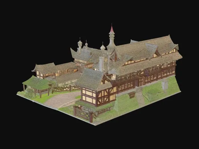 3D model for A sprawling, high-detail 3D anime-style fantasy village environment. The layout features a long, winding cobblestone main road with realistic turns leading into different residential colonies. Includes a variety of buildings: one massive, iconic Adventure Guild with a grand entrance and wooden signage, several large multi-story manor houses, and many smaller cozy cottages with thatched roofs and stone chimneys. Add surrounding elements like wooden fences, flower patches, and stone wells. Architecture must be consistent with Ghibli-style or high-fantasy anime aesthetics. Vibrant hand-painted textures, bright green moss on roofs, and no merged geometry. Full 360-degree walkable village layout, 8k textures, stylized low-poly but highly detailed.
style : anime
resolution : high or detailed.