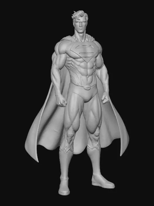 3D model for Superman full body , wide angle, standing confidently against a soft sky backdrop, wearing a form-fitting suit with a bold chest emblem and a flowing cape, bulge, well endowed, sexy, athletic and muscular physique, dramatic lighting, hyper-realistic details, high-definition 3d rendering, dynamic heroic pose, dark short windswept hair, subtle texture on the fabric, vibrant color palette, epic and inspiring mood, cinematic realism, ultra-detailed anatomy, crisp sharp focus, illustrated by a master fantasy artist , white background