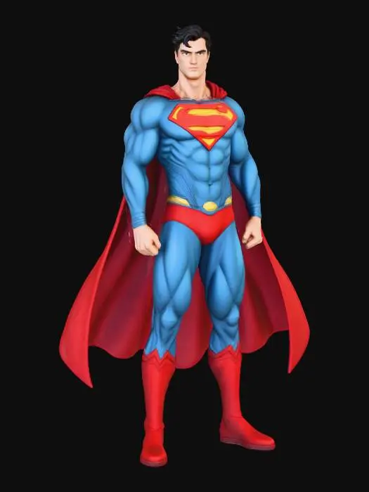 3D model for Superman full body , wide angle, standing confidently against a soft sky backdrop, wearing a form-fitting suit with a bold chest emblem and a flowing cape, bulge, well endowed, sexy, athletic and muscular physique, dramatic lighting, hyper-realistic details, high-definition 3d rendering, dynamic heroic pose, dark short windswept hair, subtle texture on the fabric, vibrant color palette, epic and inspiring mood, cinematic realism, ultra-detailed anatomy, crisp sharp focus, illustrated by a master fantasy artist , white background