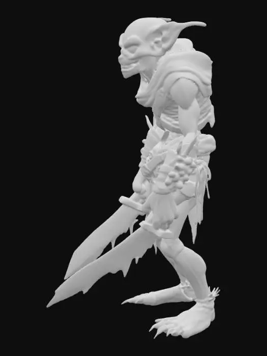3D model for Goblin assassino scheletrico, pelle grigiastra e rugosa, corpo ossuto con muscoli tesi. Volto scavato, sorriso malvagio con denti aguzzi, occhi gialli luminosi. Orecchie lunghe e appuntite, abiti strappati in cuoio scuro e stoffa logora, cintura e cinghie consunte. Mano destra con pugnale scheggiato, mano sinistra artigliata pronta a colpire. Un terzo braccio emerge dalla schiena e regge un borsello lurido e sfilacciato da cui cola un liquido scuro. Posa accovacciata e predatoria, stile dark fantasy iper-realistico, ricco di dettagli, ottimizzato per stampa 3D in resina, perfetto come miniatura da D&D.