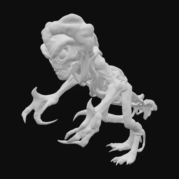 3D model for Crea un modello 3D di un cavolo mostruoso antropomorfo, con foglie verdi scure contorte a formare una testa espressiva e malvagia. Il volto deve avere occhi gialli luminosi e minacciosi, con pupille nere e dilatate, e una bocca aperta piena di denti aguzzi e irregolari. Le foglie esterne devono sembrare braccia artigliate, nodose e appuntite, pronte ad afferrare. Le radici si trasformano in gambe/tentacoli robusti e intrecciati, che danno stabilità e movimento alla creatura. Lo stile deve essere dark-fantasy ma anche leggermente cartoonesco, con dettagli accentuati per rendere il modello inquietante e grottesco. La texture deve esaltare venature delle foglie, ombre verdi e riflessi giallastri sugli occhi, creando un’atmosfera minacciosa. Modello pensato per stampa 3D o gioco da tavolo.