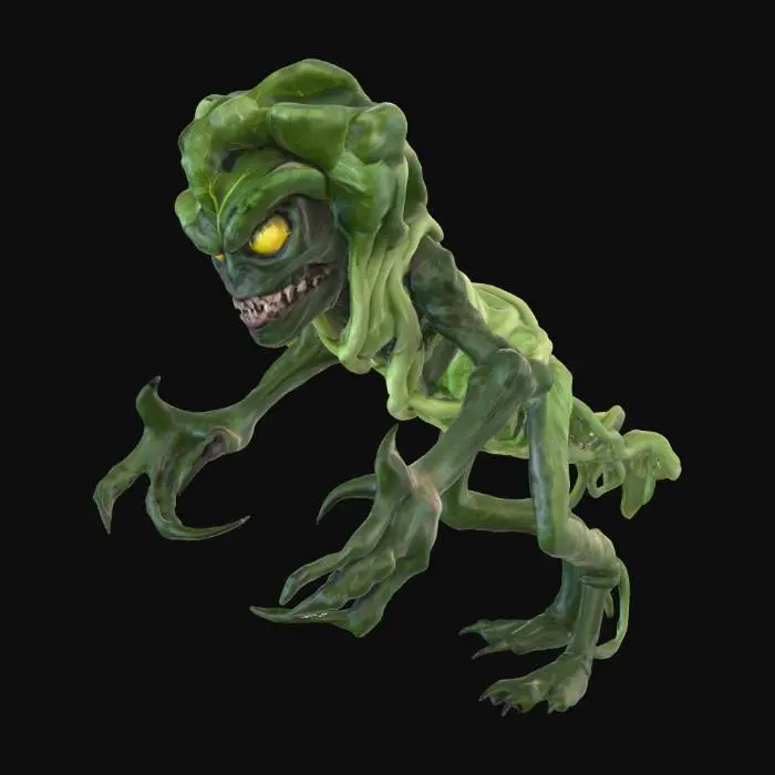 3D model for Crea un modello 3D di un cavolo mostruoso antropomorfo, con foglie verdi scure contorte a formare una testa espressiva e malvagia. Il volto deve avere occhi gialli luminosi e minacciosi, con pupille nere e dilatate, e una bocca aperta piena di denti aguzzi e irregolari. Le foglie esterne devono sembrare braccia artigliate, nodose e appuntite, pronte ad afferrare. Le radici si trasformano in gambe/tentacoli robusti e intrecciati, che danno stabilità e movimento alla creatura. Lo stile deve essere dark-fantasy ma anche leggermente cartoonesco, con dettagli accentuati per rendere il modello inquietante e grottesco. La texture deve esaltare venature delle foglie, ombre verdi e riflessi giallastri sugli occhi, creando un’atmosfera minacciosa. Modello pensato per stampa 3D o gioco da tavolo.