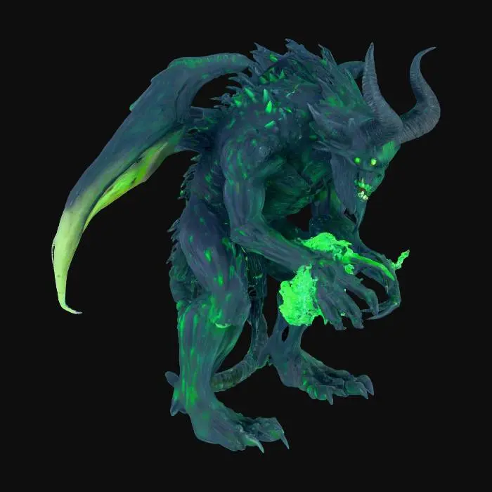 3D model for Creatura demoniaca unica, non il classico demone di fuoco. Corpo scuro, come impregnato di petrolio nero lucido, con consistenza viscosa. Dalla schiena sporgono lunghe spine acuminate, irregolari e minacciose. Il volto è scheletrico e mostruoso, con corna contorte e occhi che emanano un bagliore verde tossico e innaturale. La creatura è accucciata in posa agile e predatoria, simile a quella di uno sprinter o di un ragno in agguato, pronta a scattare. Intorno alle mani sprigiona un alone di fumo o fiamma verdastra, come un’energia velenosa che brucia lentamente. Atmosfera cupa, nebbiosa e claustrofobica, con un’aura dark fantasy e orrorifica. Stile ultradettagliato, realistico e drammatico, con forte contrasto tra il nero del corpo e il bagliore verde spettrale.