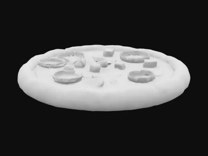 3D model for generate tasty looking lowpoly pepperoni pizza with sausages, onions, chesse, vegetables, low fidelity texture
