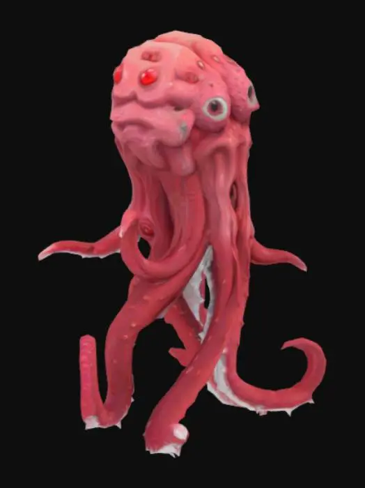 3D model for lowpoly, tentacle monster with red different tints of red, with a lot of eyes of different sizes, open brain without head with tentacles growing out of it, some of the tentacles has short white spikes, slimy texture, gross, horror, scary, low fidelity texture, more than 5 tentacles