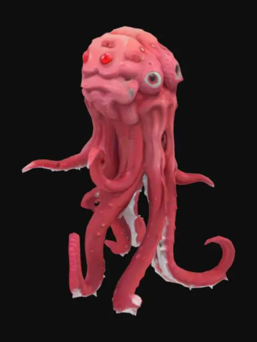 3D model for lowpoly, tentacle monster with red different tints of red, with a lot of eyes of different sizes, open brain without head with tentacles growing out of it, some of the tentacles has short white spikes, slimy texture, gross, horror, scary, low fidelity texture, more than 5 tentacles