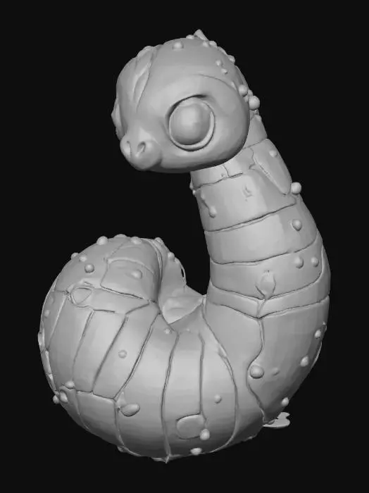 3D model for A coiled, free-floating cyber-worm. The body is made of thick, glowing green segments that look like connected spheres or train cars. It has a defined head and tail. Smooth textures, full 3D volume.