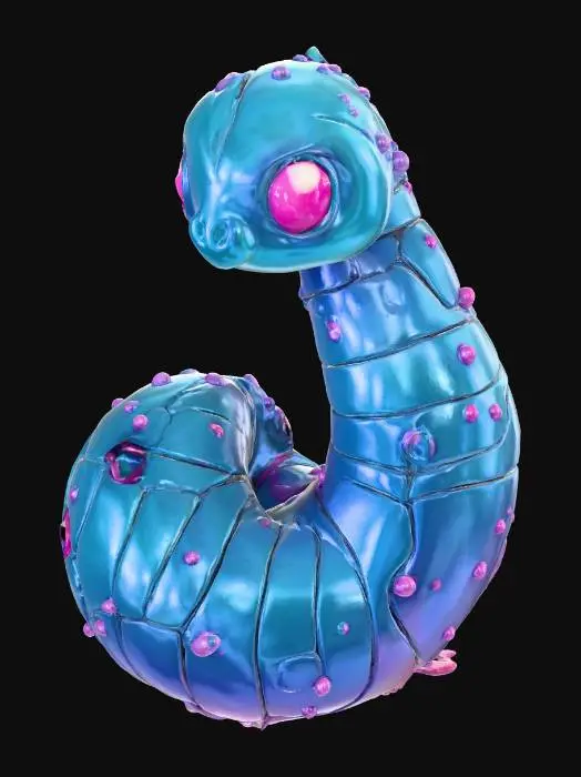 3D model for A coiled, free-floating cyber-worm. The body is made of thick, glowing green segments that look like connected spheres or train cars. It has a defined head and tail. Smooth textures, full 3D volume.