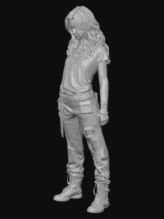 3D model for A rugged female post-apocalyptic survivor stands defiantly, clad in heavily worn, faded blue jeans and a torn, dirty grey t-shirt. Her determined expression and short, disheveled brown hair convey resilience. The clothing features gritty textures, rips, and patches, revealing sun-baked, somewhat scarred skin. A weathered leather utility belt with rusty metal buckles cinches her waist.