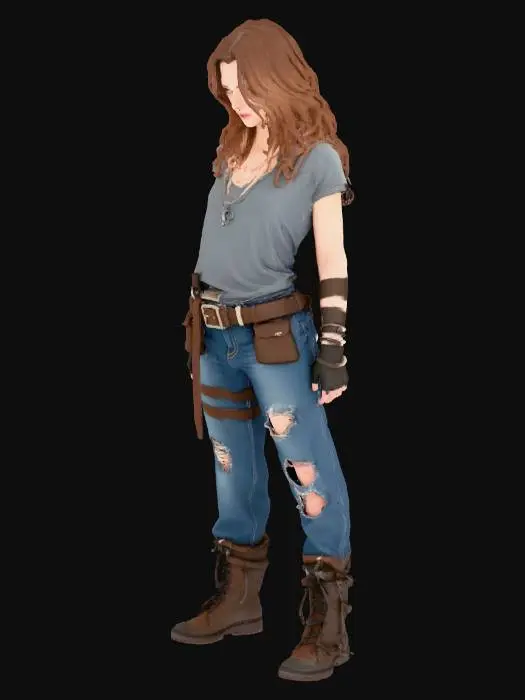 3D model for A rugged female post-apocalyptic survivor stands defiantly, clad in heavily worn, faded blue jeans and a torn, dirty grey t-shirt. Her determined expression and short, disheveled brown hair convey resilience. The clothing features gritty textures, rips, and patches, revealing sun-baked, somewhat scarred skin. A weathered leather utility belt with rusty metal buckles cinches her waist.