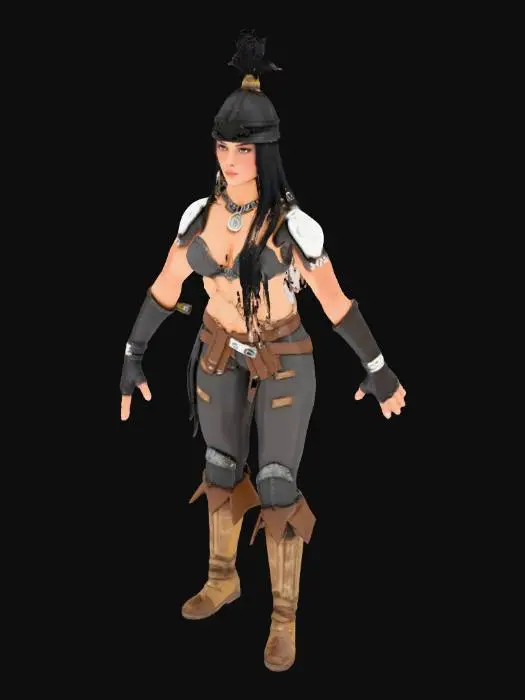 3D model for A fierce Amazon warrior, muscular and athletic, stands in a dynamic combat pose, her fists clenched. She wears intricately crafted, battle-worn leather pants, revealing toned limbs. Her breasts are of medium sized and exposed.  Her long, flowing dark hair is braided, framing a determined expression. The leather has a weathered, slightly scratched texture, while the metal is hammered and reflective, exuding raw power and ancient strength.