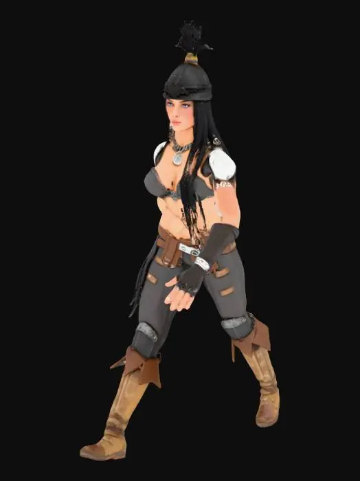 3D model for A fierce Amazon warrior, muscular and athletic, stands in a dynamic combat pose, her fists clenched. She wears intricately crafted, battle-worn leather pants, revealing toned limbs. Her breasts are of medium sized and exposed.  Her long, flowing dark hair is braided, framing a determined expression. The leather has a weathered, slightly scratched texture, while the metal is hammered and reflective, exuding raw power and ancient strength.