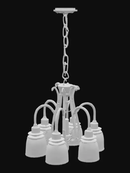 3D model for A realistic 3D chandelier in a 2000s home style, with multiple glass or frosted glass shades, metallic frame , and classic curved arms. The chandelier should have accurate proportions, suitable for a living room or dining area, with soft warm lighting bulbs. Designed for use in a 3D game environment, fully optimized and properly modeled for hanging from a ceiling.