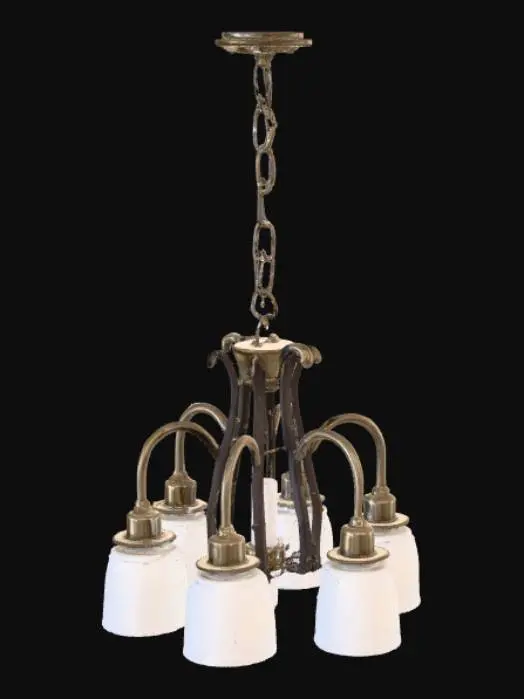 3D model for A realistic 3D chandelier in a 2000s home style, with multiple glass or frosted glass shades, metallic frame , and classic curved arms. The chandelier should have accurate proportions, suitable for a living room or dining area, with soft warm lighting bulbs. Designed for use in a 3D game environment, fully optimized and properly modeled for hanging from a ceiling.