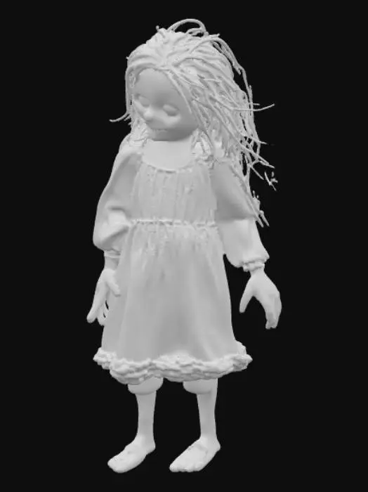 3D model for A creepy horror doll for a scary game, with cracked porcelain skin, empty glowing eyes, tangled messy hair, and an old torn dress. The doll should look unsettling and eerie, with realistic textures, worn fabric, and a dark atmosphere. Designed for a 3D horror game asset