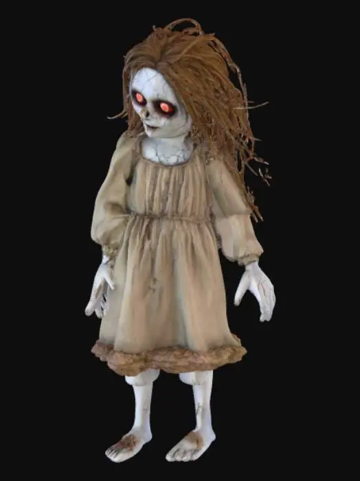3D model for A creepy horror doll for a scary game, with cracked porcelain skin, empty glowing eyes, tangled messy hair, and an old torn dress. The doll should look unsettling and eerie, with realistic textures, worn fabric, and a dark atmosphere. Designed for a 3D horror game asset
