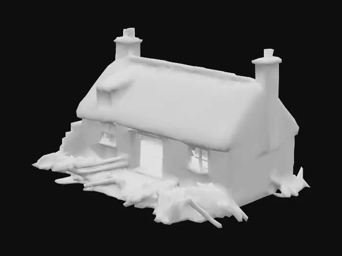 3D model for a ww 2 ruin in the blitz of uk countryside. half the building is lying on the ground in mounds of rubble. the cottage is thatched and of stone construction, it has a porch with a slate roof. the door is hanging on 1 hinge and most windows are broken. a fallen tree lays on the old stone wall.