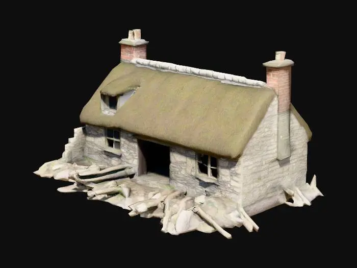 3D model for a ww 2 ruin in the blitz of uk countryside. half the building is lying on the ground in mounds of rubble. the cottage is thatched and of stone construction, it has a porch with a slate roof. the door is hanging on 1 hinge and most windows are broken. a fallen tree lays on the old stone wall.