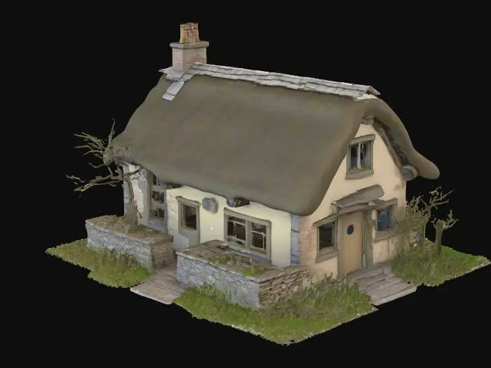 3D model for a ww 2 ruin in the blitz of uk countryside. half the building is lying on the ground in mounds of rubble. the cottage is thatched and of stone construction, it has a porch with a slate roof. the door is hanging on 1 hinge and most windows are broken. a fallen tree lays on the old stone wall.