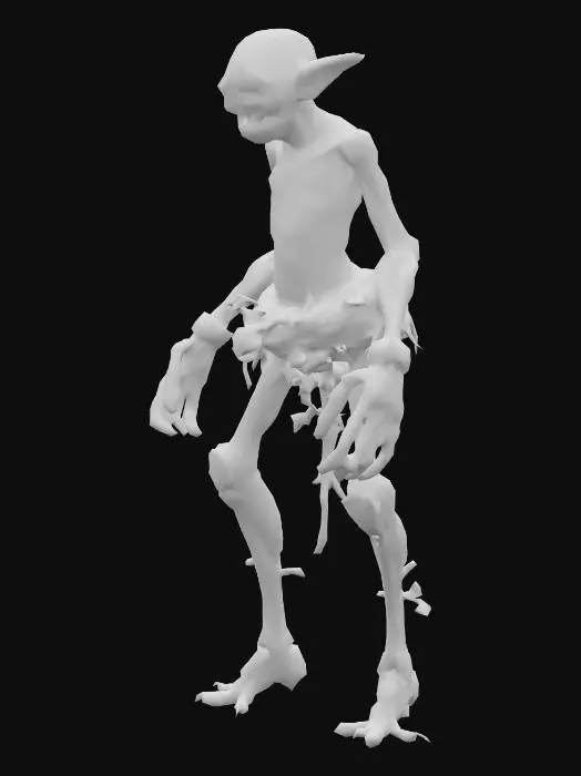 3D model for A ugly being with no hair but ripples of flesh over the head, it has 3 robotic legs and 4 arms with the lower arms being bigger than the top ones, its skin is rolling over the body like pipes following the muscle groups, it has a skirt made of twigs which stops at the knees and is held up with braces of leafy vines. most of his body has skin but some parts of the robotic limbs are showing. his skin is rough and silvery blue and purple 