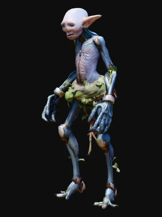 3D model for A ugly being with no hair but ripples of flesh over the head, it has 3 robotic legs and 4 arms with the lower arms being bigger than the top ones, its skin is rolling over the body like pipes following the muscle groups, it has a skirt made of twigs which stops at the knees and is held up with braces of leafy vines. most of his body has skin but some parts of the robotic limbs are showing. his skin is rough and silvery blue and purple 