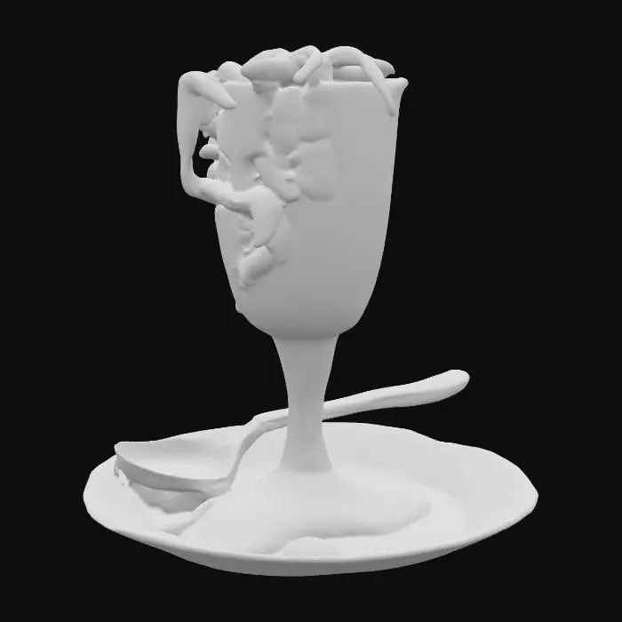 3D model for a knicker glory glass, filled with worms, maggots, sheep's eyes and a bright green and yellow slime, the glass is overflowing and dripping onto the plate the glass is on. there is a long handled wooden spoon sticking out of the glass. 