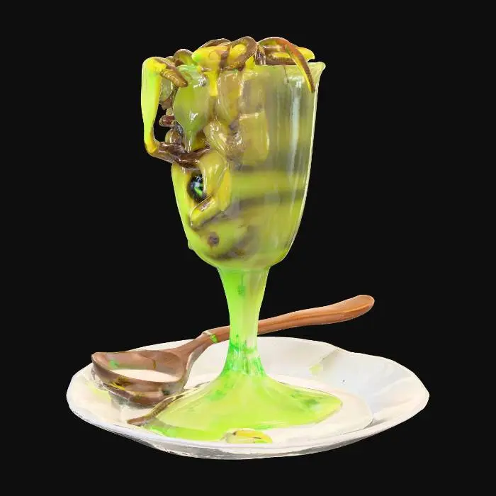 3D model for a knicker glory glass, filled with worms, maggots, sheep's eyes and a bright green and yellow slime, the glass is overflowing and dripping onto the plate the glass is on. there is a long handled wooden spoon sticking out of the glass. 