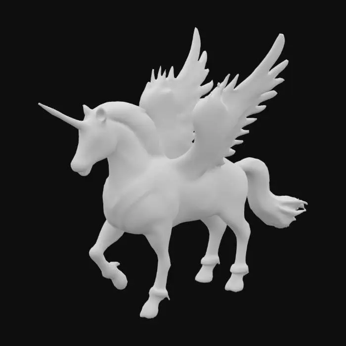 3D model for "A majestic fantasy Pegasus with shimmering white fur and glowing ethereal wings, large expressive eyes, elegant golden armor accents, flowing silver mane and tail, standing on a cliff under a moonlit sky, low-poly, game-ready, stylized, 1960s fairytale art style, clean topology, rigged for animation"