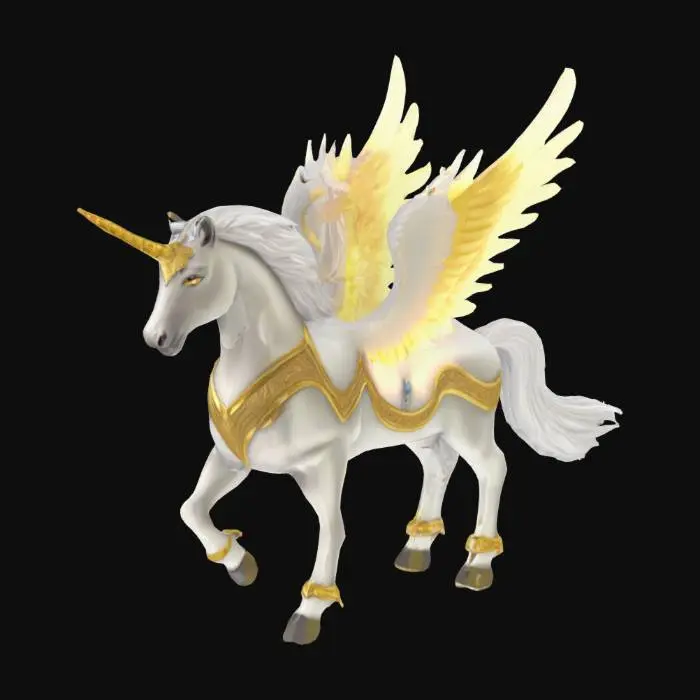 3D model for "A majestic fantasy Pegasus with shimmering white fur and glowing ethereal wings, large expressive eyes, elegant golden armor accents, flowing silver mane and tail, standing on a cliff under a moonlit sky, low-poly, game-ready, stylized, 1960s fairytale art style, clean topology, rigged for animation"