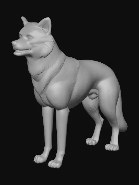 3D model for Génère un model 3D d un chien loup avec le pelage blanc et beige sur quatre pattes regardant devant lui avec la queue basse et les oreilles arrondies en respectant les   proportion réel. Le modèle doit être réel a l échelle 1/48eme