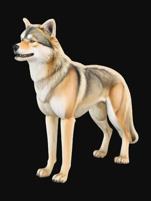 3D model for Génère un model 3D d un chien loup avec le pelage blanc et beige sur quatre pattes regardant devant lui avec la queue basse et les oreilles arrondies en respectant les   proportion réel. Le modèle doit être réel a l échelle 1/48eme