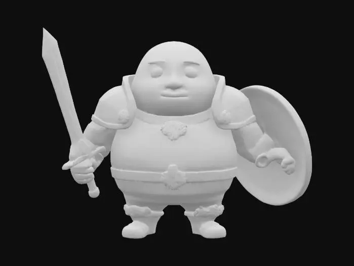 3D model for Humpty Dumpty wearing armor with a sword and shield. Cartoony and whimsical with a crack on his shell. 