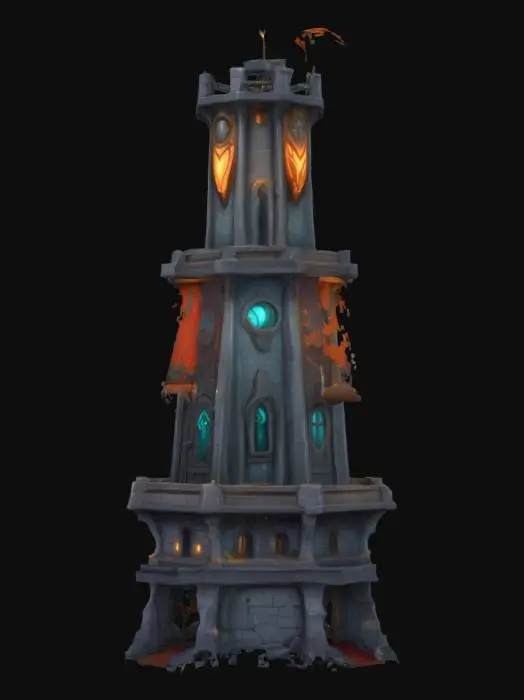 3D model for Stylized magic defense tower for a moba, sylized for the human faction. Cartoony and exadurated proportions and architecture but not too cartoony as to fit the fantasy setting.