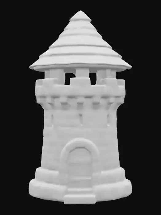 3D model for Stylized human fantasy defense tower with a plain blue roof, wood supports and door, and plain stone wall.