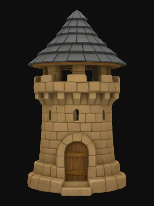 3D model for Stylized human fantasy defense tower with a plain blue roof, wood supports and door, and plain stone wall.