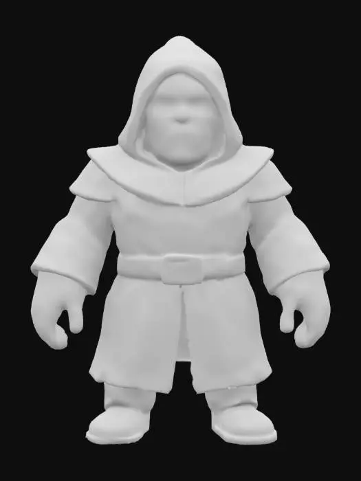 3D model for Stylized red-skinned orc footsoldier wizard with brown robes and a brown pointed hood. No weapons, in an A pose. Slightly exadurated proportions. No tusks or fangs.
