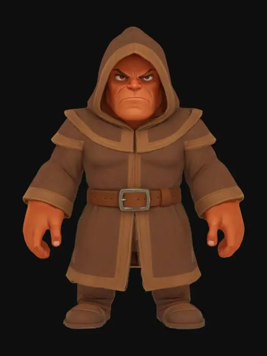 3D model for Stylized red-skinned orc footsoldier wizard with brown robes and a brown pointed hood. No weapons, in an A pose. Slightly exadurated proportions. No tusks or fangs.