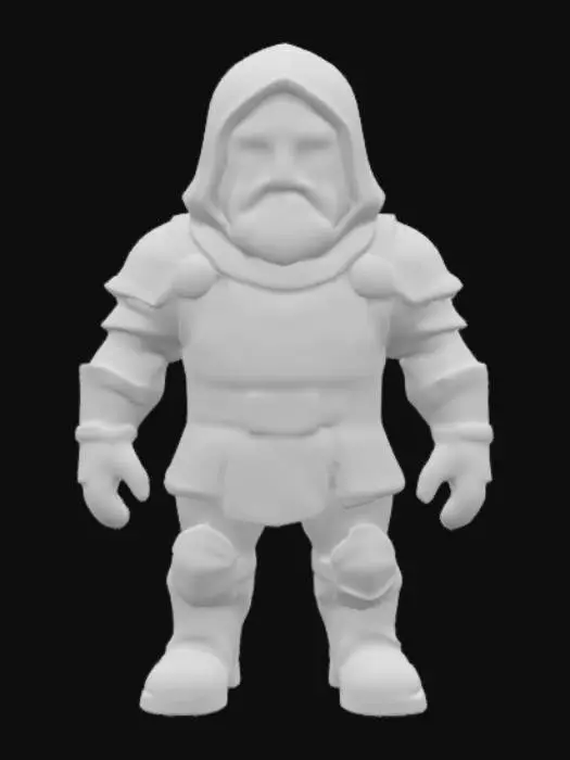 3D model for Stylized fantasy human footsoldier archer in an A pose with exaggerated proportions, armor consisting of green leather and cloth with lighter green trim. The helemet is an archers hood.