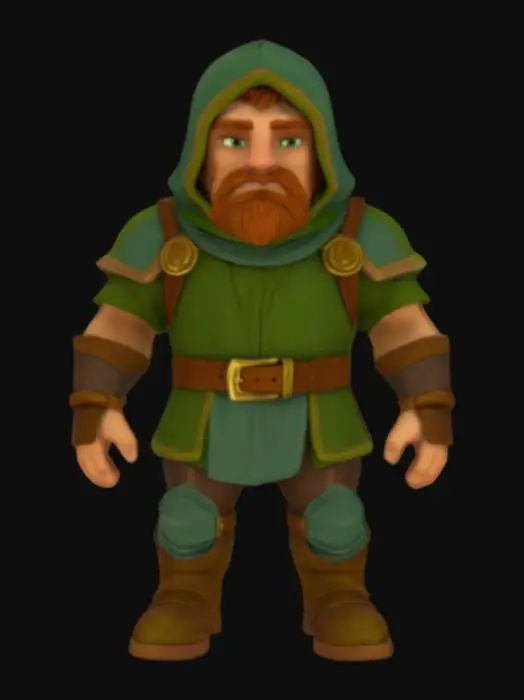 3D model for Stylized fantasy human footsoldier archer in an A pose with exaggerated proportions, armor consisting of green leather and cloth with lighter green trim. The helemet is an archers hood.